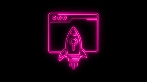 Neon startup rocket launching from browser window on black background digit.. Stock Footage 312448293