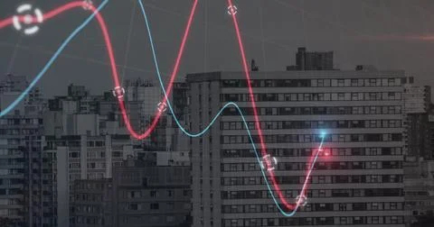 Neon statistical data processing against tall buildings in the city Illustrazione stock