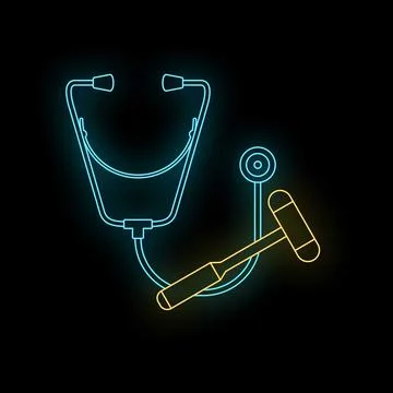 Neon stethoscope and reflex hammer medical concept Stock Illustration