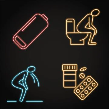 Neon stomach problems icon set in line style Stock Illustration