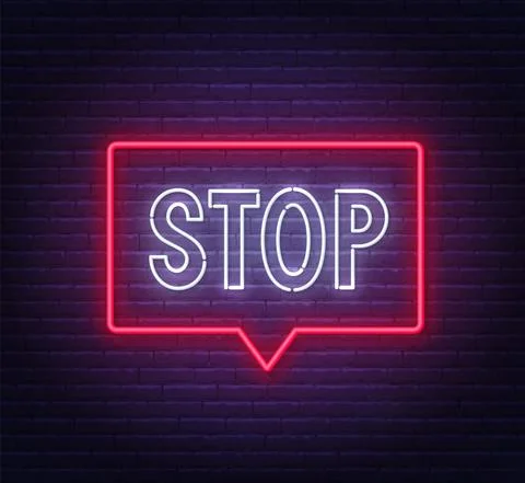 Neon stop sign in a frame on brick wall background. Stock Illustration