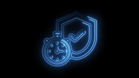 Neon stopwatch and shield with checkmark glowing blue on black background r.. Stock Footage 346013639