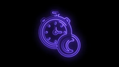 Neon stopwatch with crescent moon symbol glowing purple on black background.. Stock-Footage 346009830