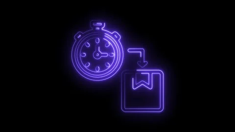 Neon stopwatch with delivery box and arrow indicating fast shipping and log.. Stock Footage 346009624