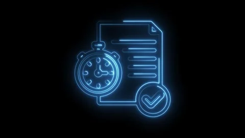 Neon stopwatch document checkmark glowing blue on black background represen.. Stock Footage 346014022
