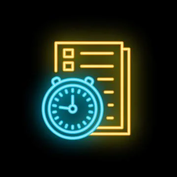 Neon stopwatch overlapping documents symbolizing time management Stock Illustration