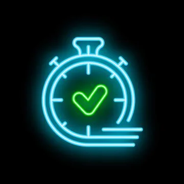 Neon stopwatch showing time passing and green check mark symbol Illustrazione stock