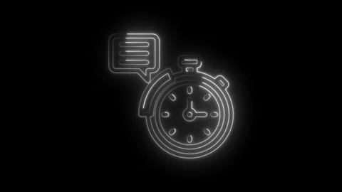 Neon stopwatch with speech bubble glowing on icon black background representing Stock Footage 333959173