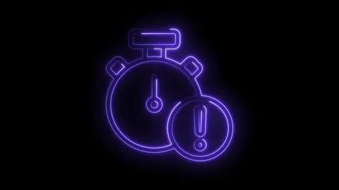 Neon stopwatch with warning icon on black background shows deadline alert Stock Footage 345998723