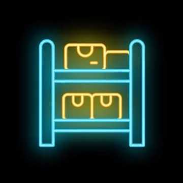 Neon storage rack icon glowing against dark background Stock Illustration