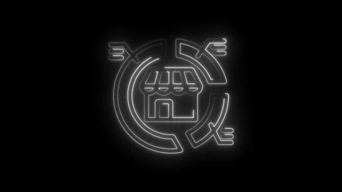 Neon store icon with circular arrows animation representing retail business Stock Footage 333959057
