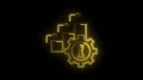 Neon strategy concept animation glowing chess rook gear and growing steps Stock Footage 312318618