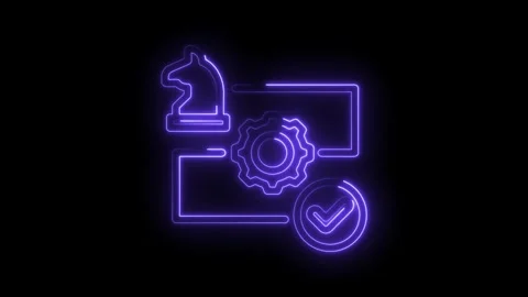 Neon strategy implementation with gears and confirmation on dark background Stock Footage 330783737