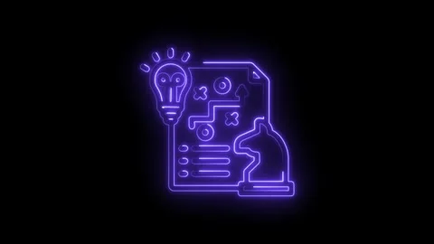 Neon strategy plan lightbulb chess knight icon glowing purple on black Stock Footage 333957498