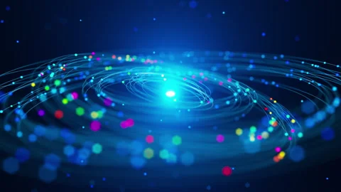 Neon streaks and particles orbit a luminous core in a seamless loop. Stock Footage 322018665