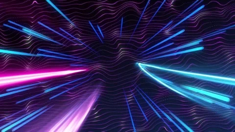 Neon streaks pulsing, responding to camera push, parallax forming dotted grid Vídeo Stock 333210932