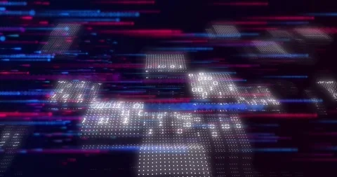Neon streaks sparking dot-matrix panels floating, revealing binary, forming Stock Footage 328656868