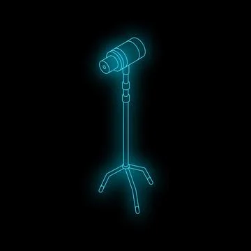 Neon studio microphone standing on a tripod on black background Stock Illustration