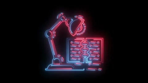 Neon study desk with lamp and book animation glowing on a dark background Stock Footage 322989943
