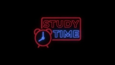Neon Study Time Sign Flickering with Alarm Clock Animation for Productivity Stock Footage 346168145