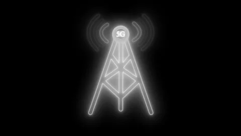 Neon-style 5g tower icon on black background, glowing antenna signals, mini.. Stock Footage 337077987