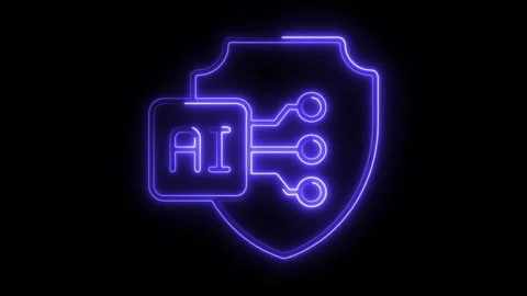 Neon style ai security shield animation on black background Stock Footage 308192299