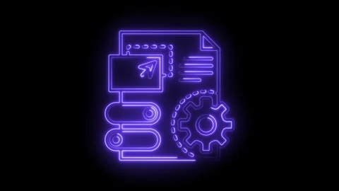 Neon style animated data processing icon with user interface and gear element Stock Footage 316673089