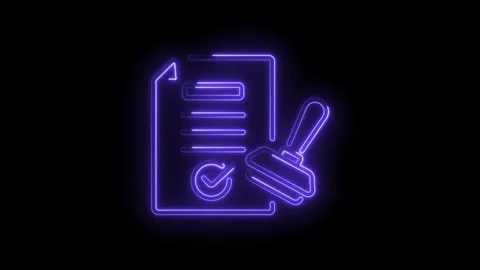 Neon style approved document with rubber stamp check mark animation on black Stock Footage 330774619