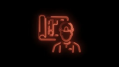 Neon style architect with blueprint plan illustration on black background for Stock Footage 330770276