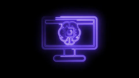 Neon style artificial intelligence on computer monitor brain with chip tech.. Stock Footage 312331424