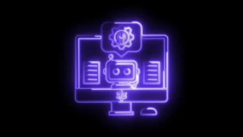 Neon style artificial intelligence computer robot assistance symbol glowing on a Video stock 322958988