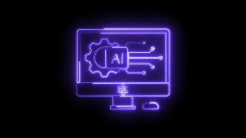 Neon style artificial intelligence concept glowing on computer screen with Stock Footage 322958961