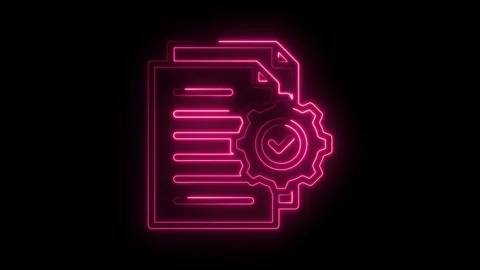 Neon style automated document processing with gear and check mark on black .. Stock Footage 346000942