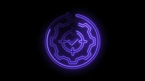Neon style automation process with gear tick and cycle rotating symbol on dark Stock Footage 330777367
