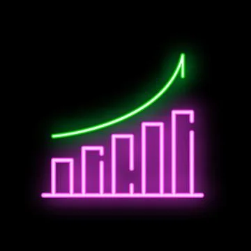 Neon style bar graph showing growth with upward trend line Stock Illustration