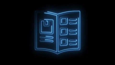 Neon style brochure open book magazine with layout elements blue glowing Stock Footage 330777987