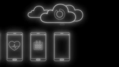 Neon-style cloud and smartphone icons animation Stock Footage 334764494