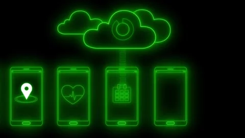 Neon-style cloud and smartphone icons animation Stock Footage 334764602