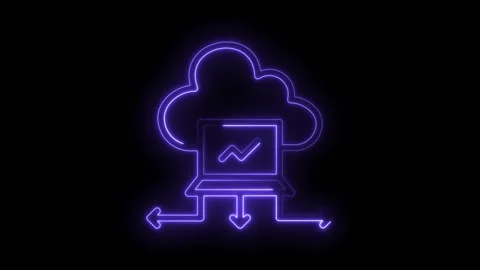Neon style cloud computing diagram with laptop and arrow indicators on black Stock Footage 322983581