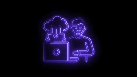 Neon style cloud computing engineer working on laptop with data center conn.. Stock Footage 345985890