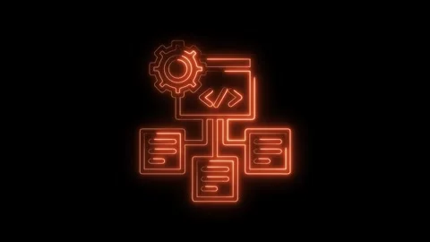 Neon style code structure with gear and server icons software development vid Stock Footage 312316103