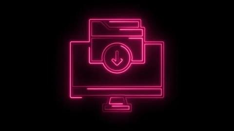 Neon style computer downloading folder icon animation on black background loo Stock Footage 314536324