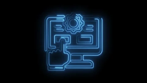 Neon style computer interface with gear and hand pointer on dark background for Stock Footage 330777197