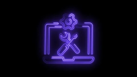 Neon style computer repair and technical support on laptop with purple glow Stock Footage 330775135