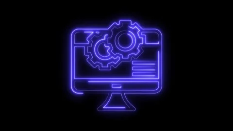 Neon style computer screen animation displaying gears and data for technical Video stock 322990744