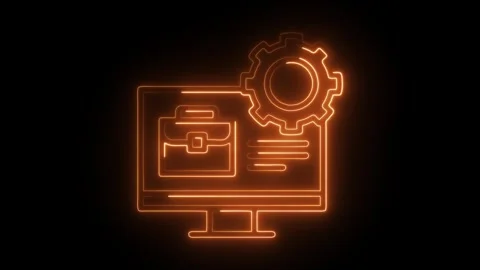 Neon style computer screen with briefcase and gear icon symbolizing busines.. Video stock 309911442