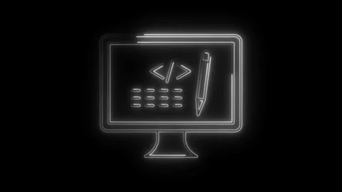 Neon style computer screen with code and pen animated on a black background Stock Footage 308903294