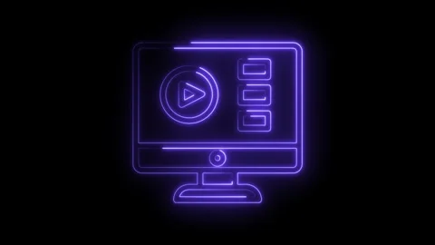Neon style computer screen with play button and lists on black background for Stock Footage 322960642