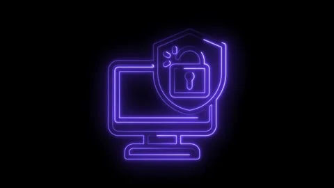 Neon style computer security unlock icon with shield protection on a black Stock Footage 330785119