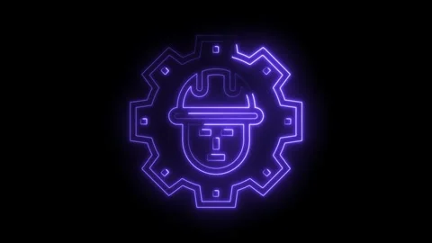 Neon style construction worker with hard hat and gear against black background Stock Footage 322960675